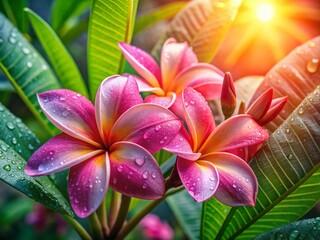 Fototapeta premium Dew-Kissed Pink Tropical Flowers in Morning Light - Stunning Floral Art