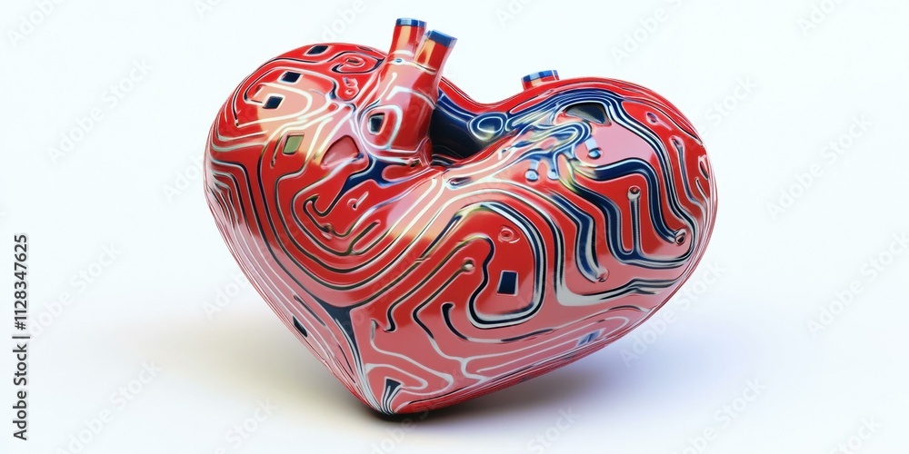 Poster a heart-shaped object with intricate circuit-like patterns. ai.