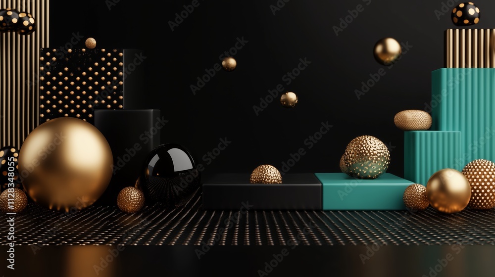 Poster modern abstract composition with black and teal geometric shapes and floating golden spheres on a te