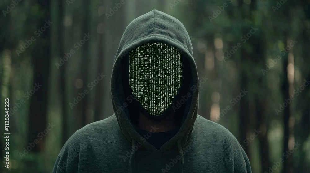 Poster a figure in a hoodie with a digital, binary-patterned face stands in a forest.