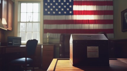 Naklejka premium vintage wooden box in an office with an american flag backdrop