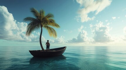 Solitude on a Tropical Island: A Man Contemplates Life Aboard a Small Boat Adrift in the Azure Ocean, with a Lone Palm Tree Providing Shade.