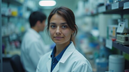 Fototapeta premium Scientist in a laboratory wearing a white coat with scientific equipment and glassware in the background