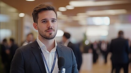 A blockchain technology reporter from Germany reporting on decentralized finance at a global blockchain summit