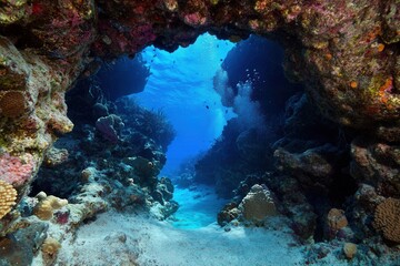 Obraz premium Underwater view through a coral archway.