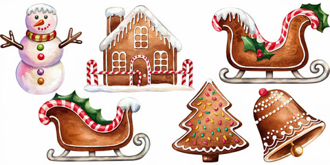 Fototapeta premium Watercolor Christmas Gingerbread Snowman House Sleigh Tree Bell