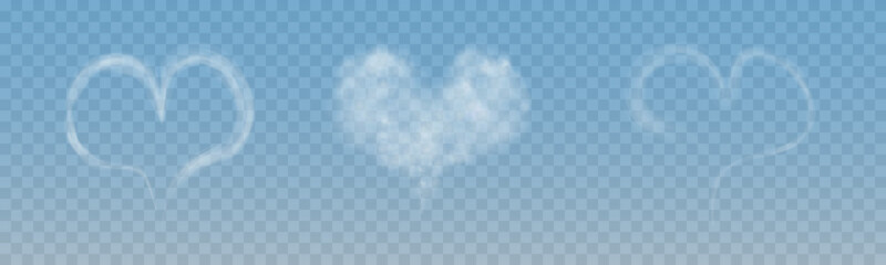 A set of different smoky fluffy heart shaped clouds on a transparent blue sky background. Romantic smoke trail, white translucent heart shaped clouds. Vector illustration for your graphic design.
