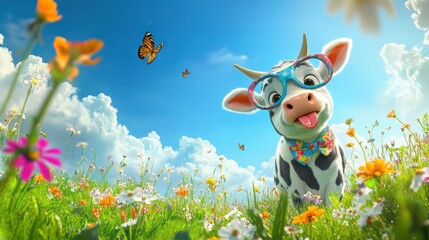 Fototapeta premium Playful cartoon cow in a flower-filled meadow