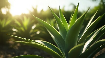 Fototapeta premium Close-up view of vibrant green agave plants illuminated by sunlight in a lush garden setting