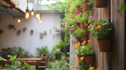 Fototapeta premium A vibrant indoor garden with potted flowers and warm lighting, creating a cozy atmosphere.