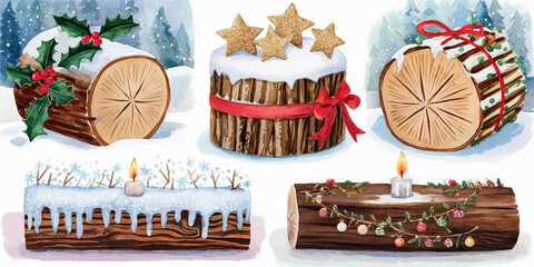 Watercolor Christmas Log Cakes Candles Winter Decorations Holiday Treats