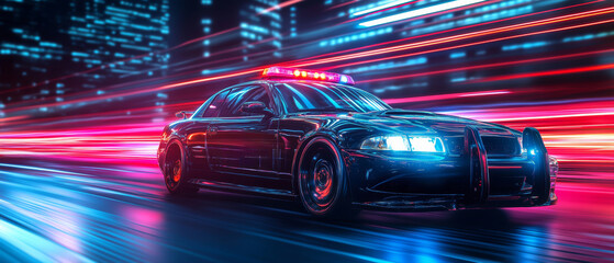 Fototapeta premium Dynamic police car glides through a neon-lit futuristic cityscape with stunning motion effects and a sleek design