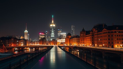 Obraz premium Frankfurt Skyline Night - Dramatic Cityscape, Stunning Colors, High-Quality AI Art