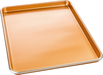 Empty baking tray with a shiny copper finish on a black background.