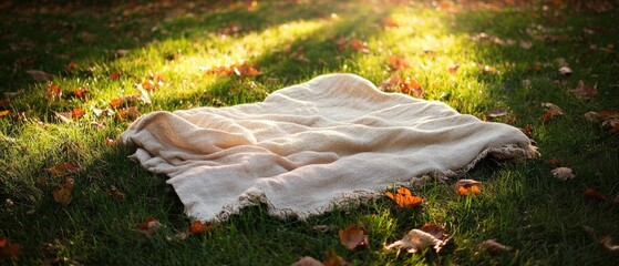 cozy blanket on grass in autumn sunlight