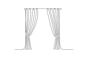 Minimalist continuous line art drawing of curtains. Window curtain outline vector isolated on white background.