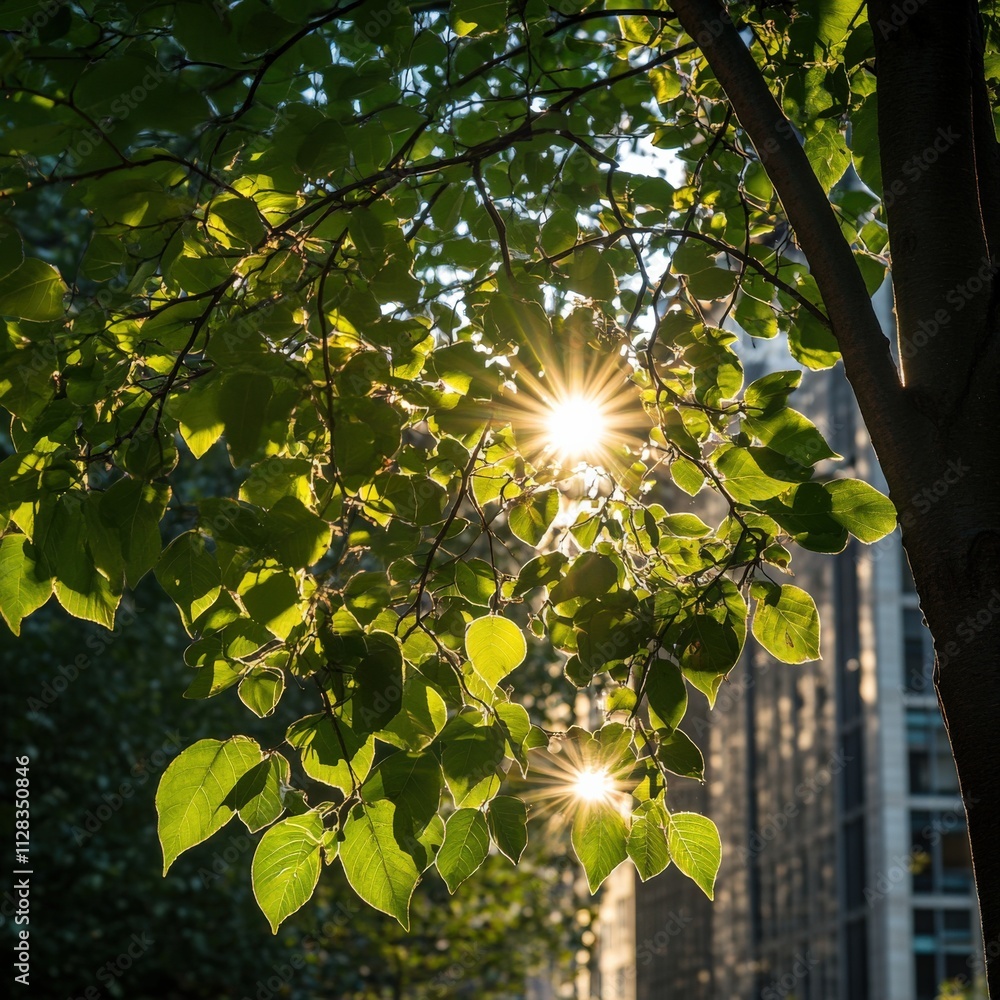 Poster sunlight filtering through green leaves in a serene setting