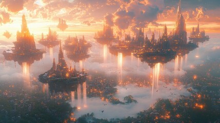 Futuristic floating cities at sunset, illuminated by warm light, soaring above clouds.