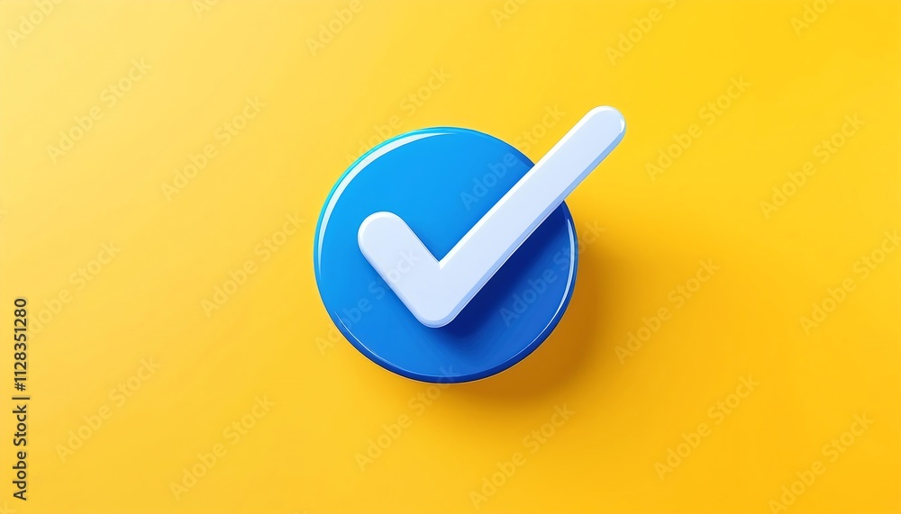 Poster a blue circular button with a white checkmark on a vibrant yellow background, symbolizing approval o