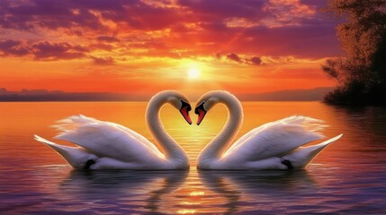 Two swans forming a heart shape at sunset