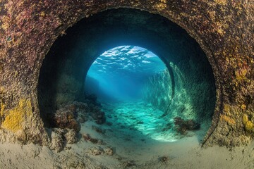 Underwater view through a large circular tunnel.