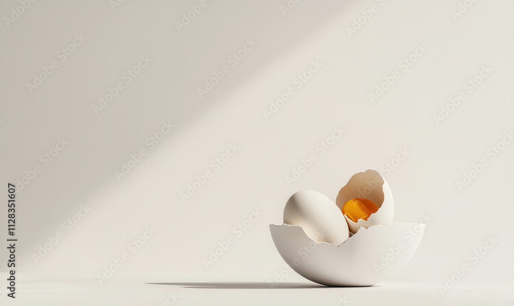 Poster minimalist egg composition with cracked shell and yolk in soft light: a study in simplicity and culi