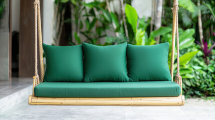 bamboo eco-friendly furniture concept. Elegant bamboo swing with soft green cushions in serene patio