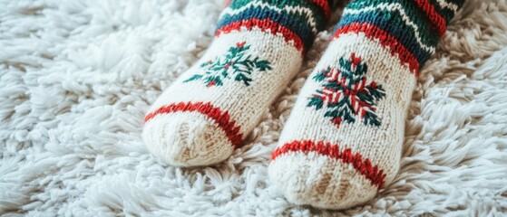 Cozy Winter Socks with Snowflake Design on Soft Rug Background