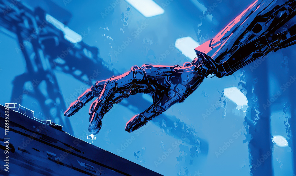 Poster futuristic robotic hand illustrating advanced technology and automation in a cybernetic environment
