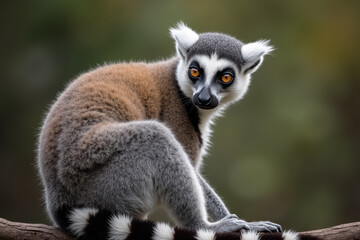 Obraz premium Ring-tailed lemur sitting on a branch with serious expression for wildlife, primate, animal behavior or conservation photography