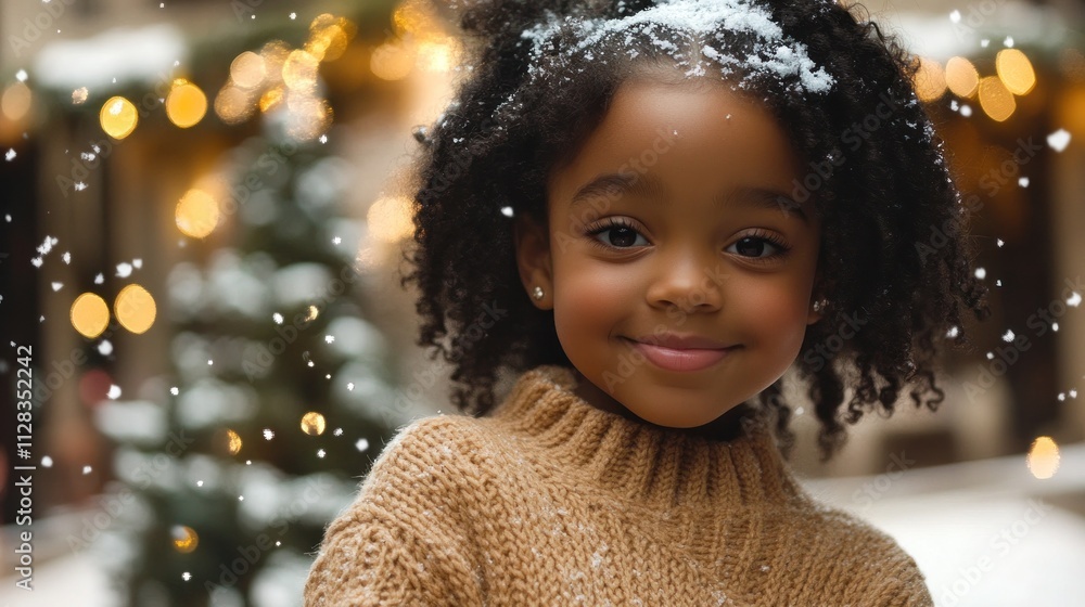 Poster smiling child in winter setting with snowflakes
