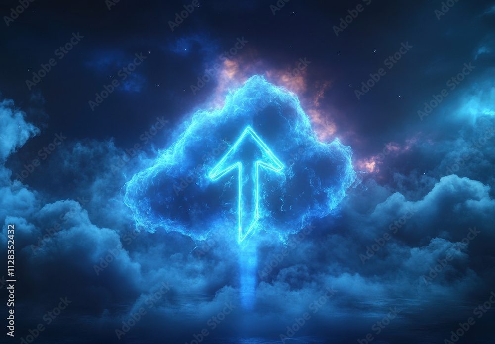 Poster a stunning neon cloud with an upward arrow symbolizing data transfer, cloud computing, technology in