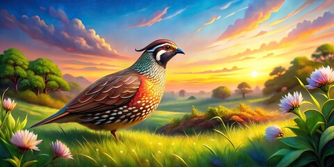 Hand Drawn Quail Landscape Photography: Serene Nature Scenes with Cute Quail Illustrations
