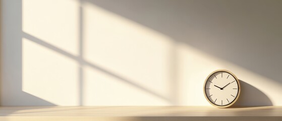Elegant Minimalist Clock on Wooden Shelf with Soft Natural Light