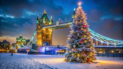 Illuminated Christmas Tree Tower Bridge Snow Winter Night London