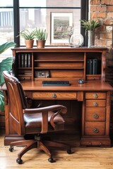 Rustic Home Office with Vintage Wooden Desk and Chair