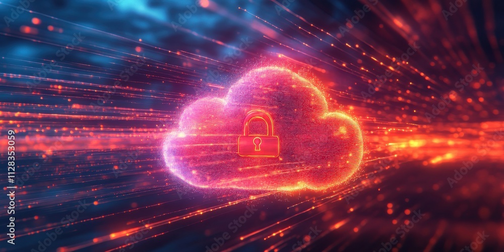 Poster abstract digital representation of secure cloud storage with glowing lock symbol, symbolizing data p