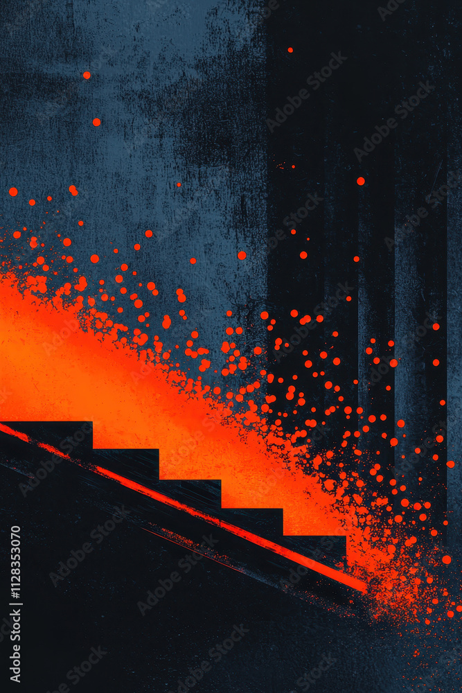 Poster dynamic abstract artwork featuring staircase with bold orange gradient and textured elements enhanci