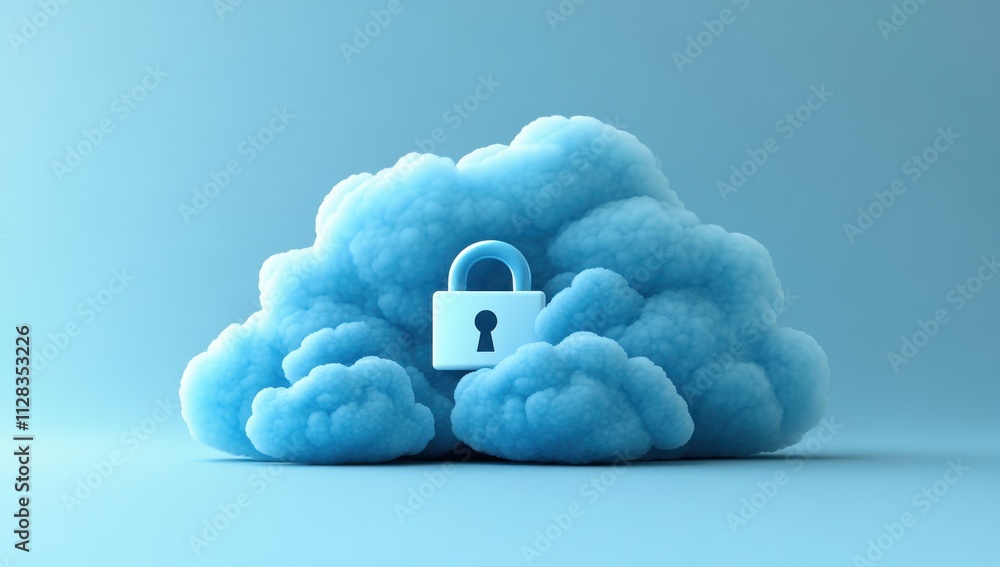 Poster abstract representation of cloud computing safety featuring a secure padlock enveloped by soft blue 