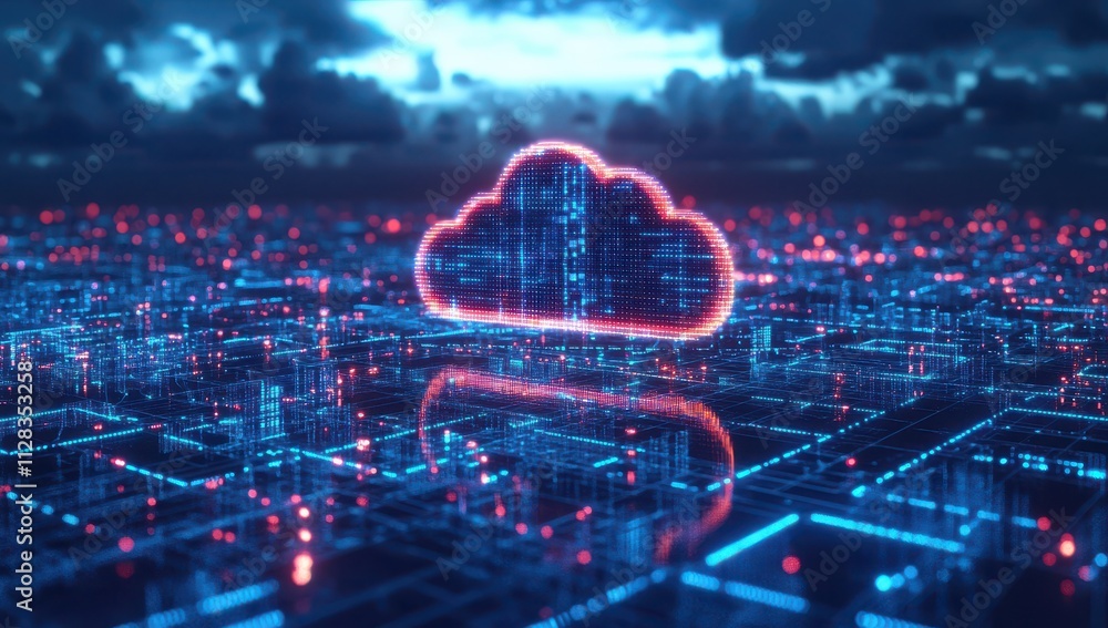 Poster abstract representation of cloud computing technology with glowing neon cloud symbol over cityscape,