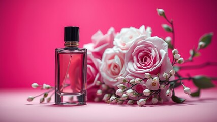 Luxury Perfume Bottle & Rose Arrangement - Pink Background, High Quality Image