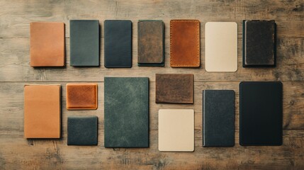 Fototapeta premium Collection of Leather Notebooks and Journals Arranged on Rustic Wooden Surface Ideal for Writers, Designers, and Creative Professionals Seeking Inspiration and Quality