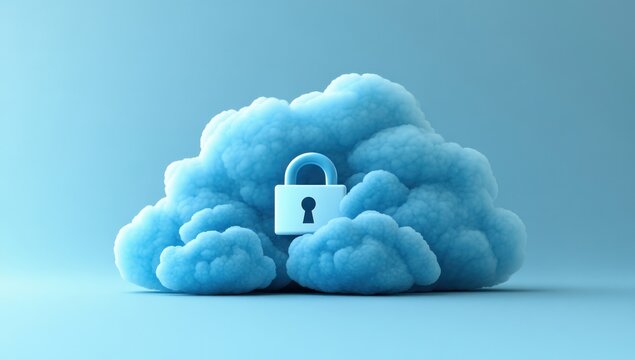 Abstract representation of cloud computing safety featuring a secure padlock enveloped by soft blue clouds, illustrating the concept of data protection in the digital age.