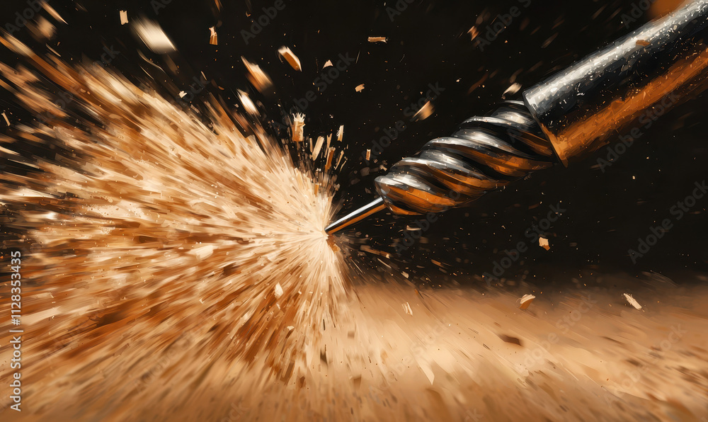 Poster dynamic metalworking moment captured: precision drilling tool in action creating vibrant trails of s