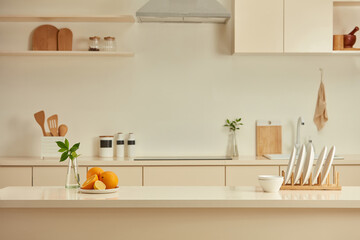 Kitchen layout photography with a wooden kitchen island, kitchen counter and some other convenient...