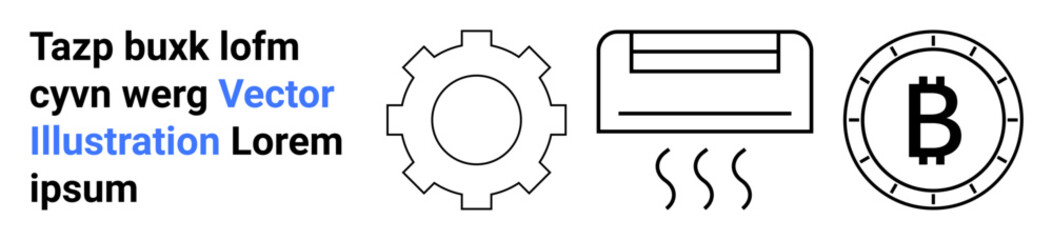Gear, air conditioner, and Bitcoin coin symbols in black outlined style with minimalistic design. Ideal for tech, engineering, HVAC, cryptocurrency, fintech, electronics, and automation themes