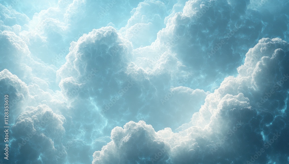 Poster beautiful blue sky covered with soft fluffy clouds illuminated by gentle light creating a calming an