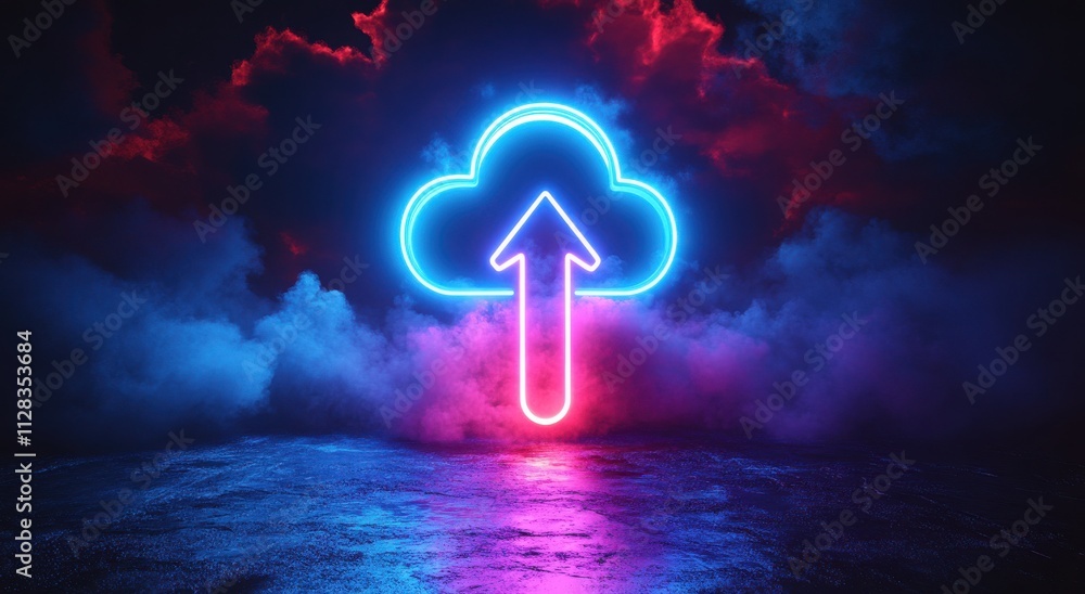 Poster bright neon cloud icon with upward arrow symbolizing data upload in a mystical atmospheric setting w