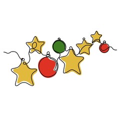 Merry Christmas new year decoration. Continuous one line drawing art. Holiday greeting card Christmas ball, stars and tinsel.