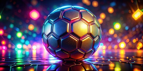 Naklejka premium Iridescent Neon Soccer Ball Hexagons - 3D Rendered Vivid Food Photography